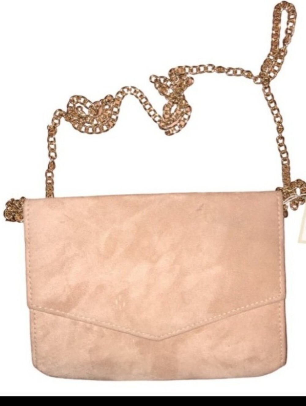 Ixebella NWOT dusty rose pink suede clutch & shoulder strap, gold color chain